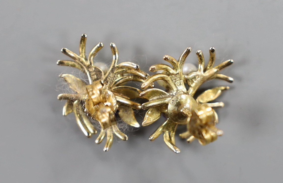 A pair of 9ct, amethyst and cultured pearl cluster earrings, 17mm, gross weight 4.2 grams.